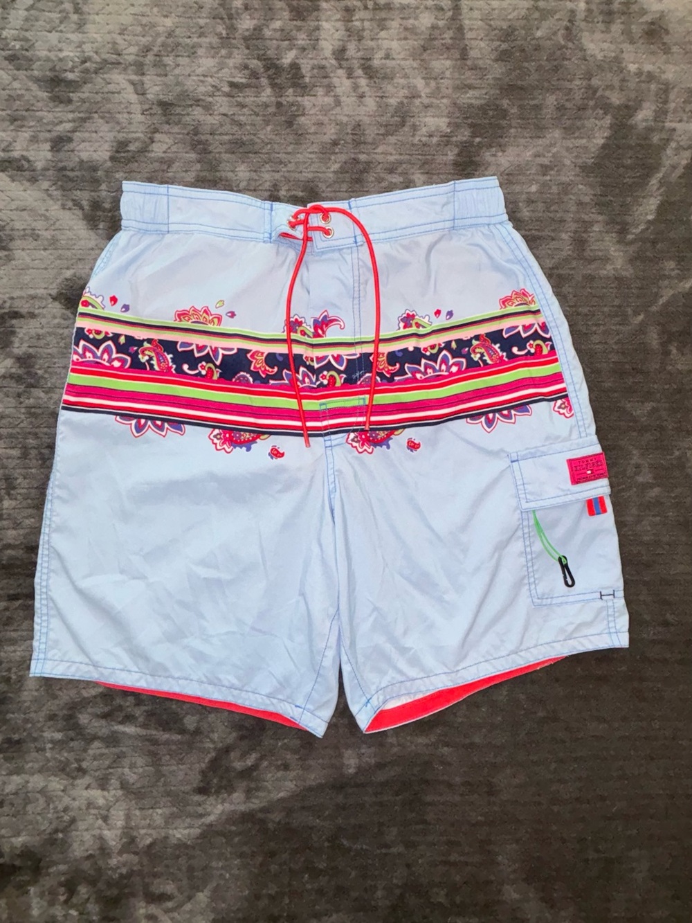 Tommy Hilfiger Light Blue Men's Small Swim Trunks with Multicolor Stripe Detail